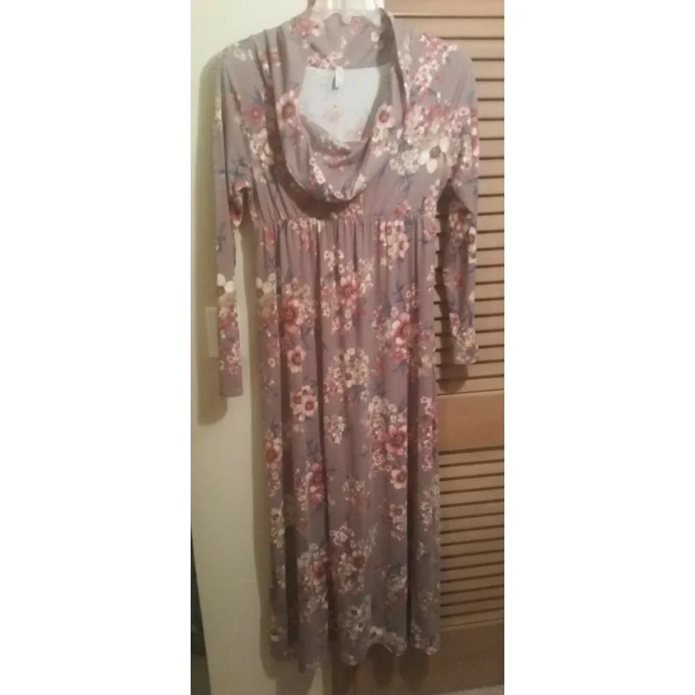 Mother Bee Taupe Flowered Cowl Neck Maternity Maxi